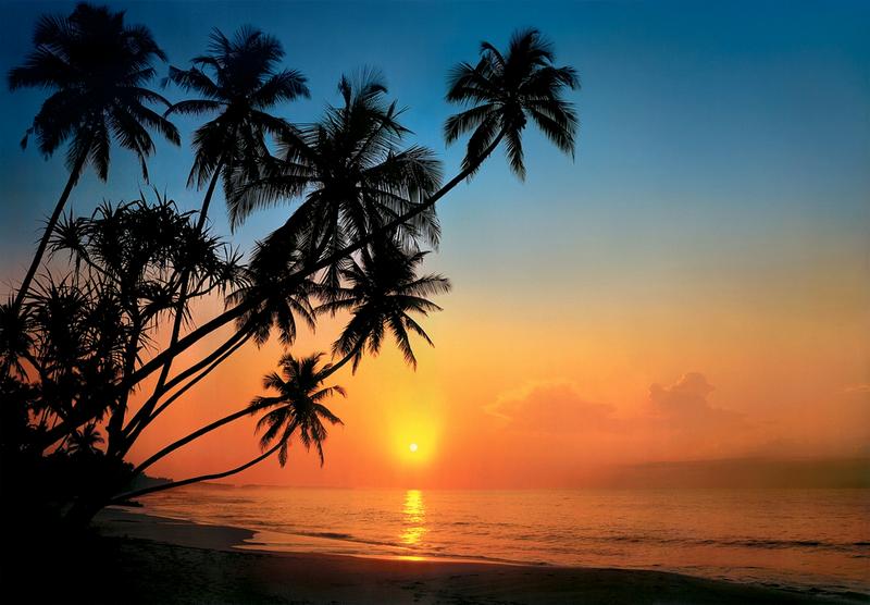 Tropeninsel im Sonnenuntergang, traumhafter Inselblick - bei Klick zurck zur Motivbersicht