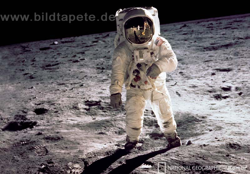 MAN ON THE MOON, Originalfoto von Neil Armstrong: Buzz Aldrin beim Mondspaziergang im Mare Tranquillitatis - bei Klick zurück zur Motivübersicht