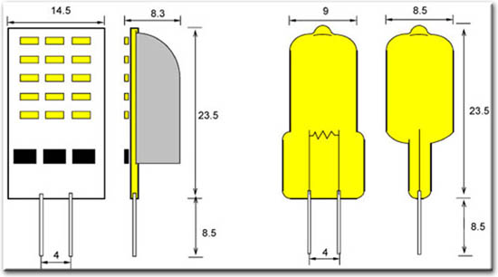 Technische Zeichnung, Halogenlampe G4 - ECO LED Retrofit, LED-Sparlampe, Grössenvergleich